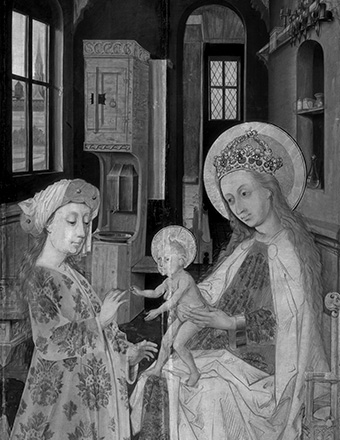 Infrarotaufnahme der Vermählung der hl. Katharina aus der Werkstatt des Hans Pleydenwurff (Gemälde auf Fichtenholz, Inv. Nr. Gm 880)