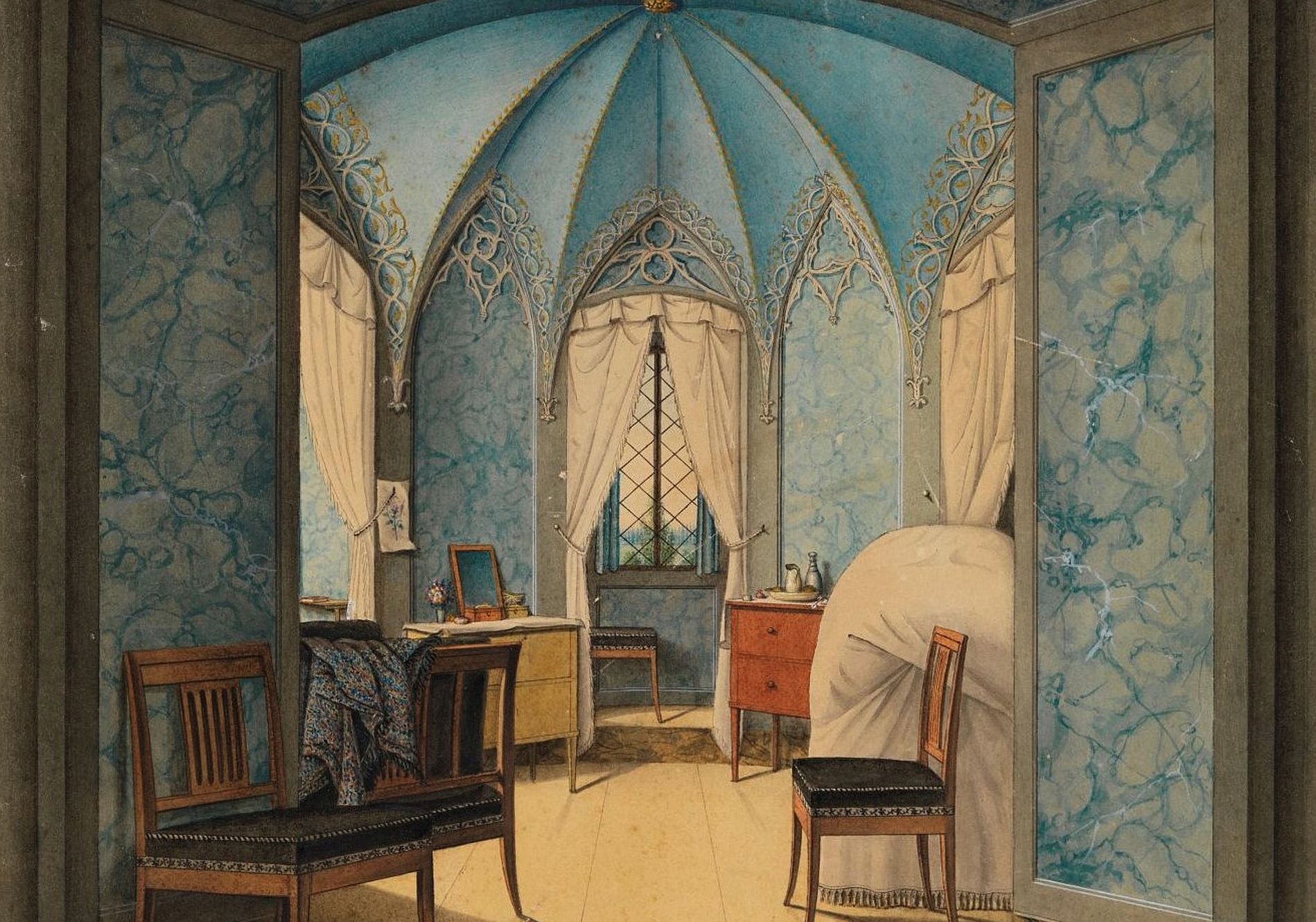 H. Krüppel, Schlafzimmer der Herzogin Auguste von Sachsen-Coburg auf Schloss Rosenau, 1832