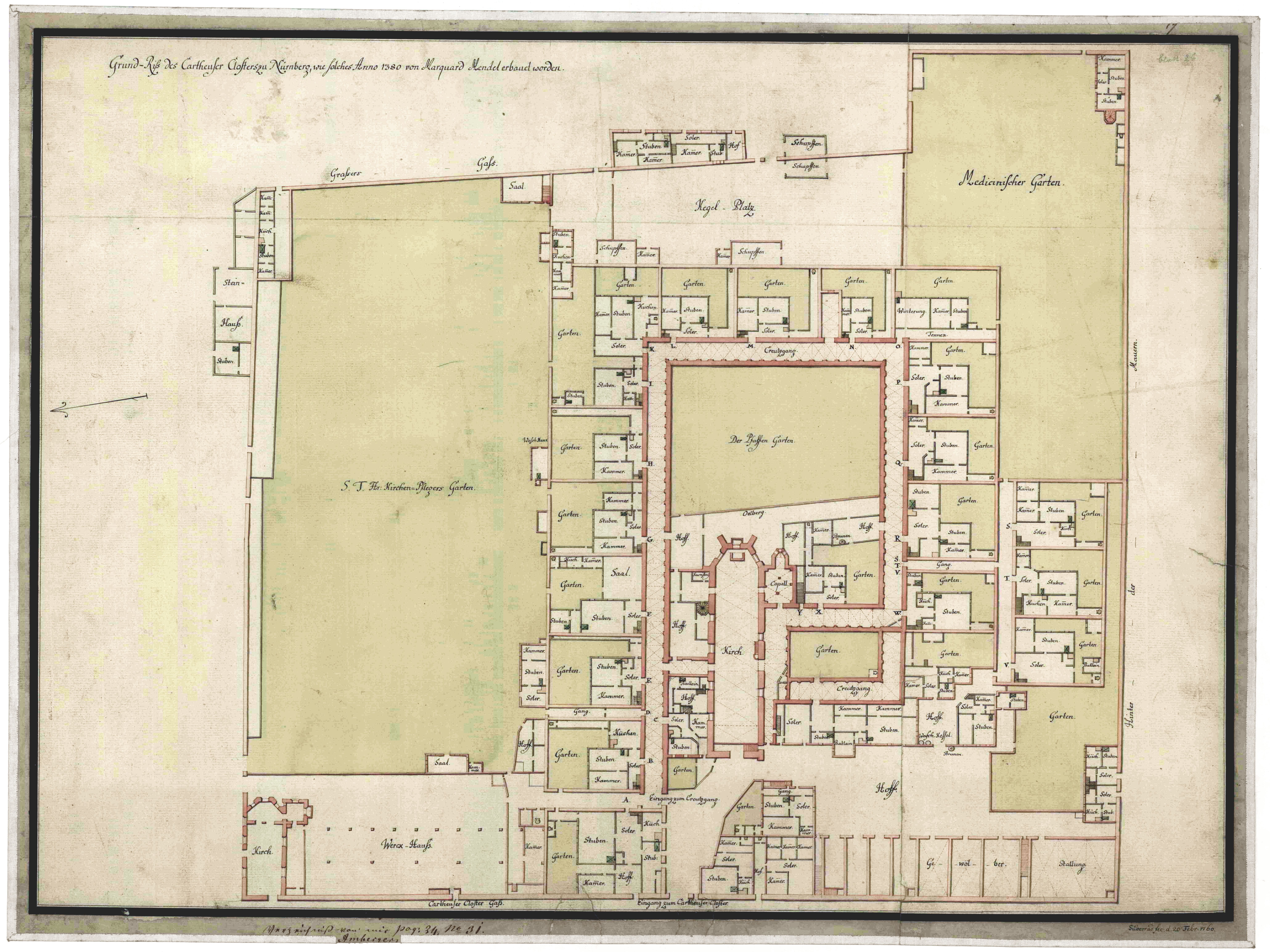 Oldest surviving ground plan of the Nuremberg Charterhouse from 1760. Stadtarchiv Nürnberg, Sig. StadtAN A 4/I Nr. 58. Oldest surviving ground plan of the Nuremberg Charterhouse from 1760. Stadtarchiv Nürnberg.