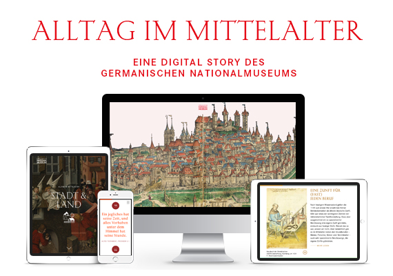 Die Bildkachel zeigt verschiedene mobile Endgeräte, mit denen man die Digital Story "Alltag im Mittelalter" anschauen kann..