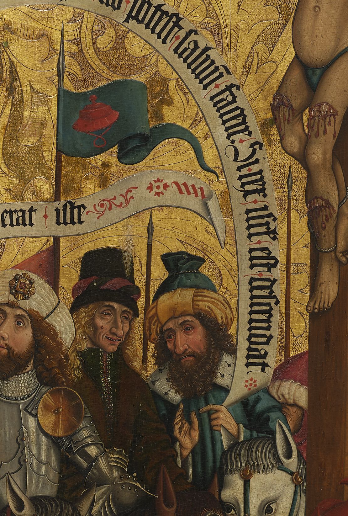 Kalvarienberg der Familie Grimmel aus Kempten, Detail: zwei Juden im Gespräch, Banner mit Judenhut