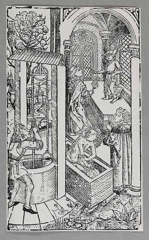 Werkstatt Michael Wolgemuts, Opfer an Merkur aus: Peter Danhauser: Archetypus triumphantis Romae, um 1493/96, Holzschnitt (Handabzug), Nürnberg, GNM, Inv.-Nr. 589-115.