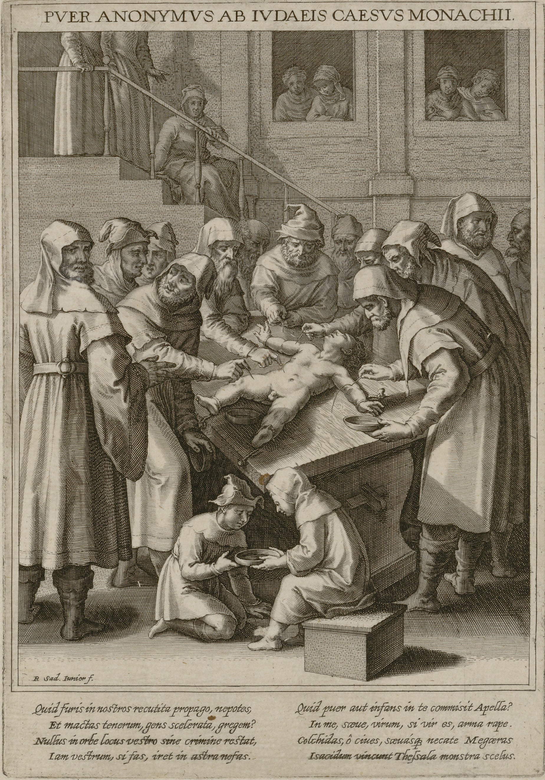 Raphael Sadeler: Angeblicher Ritualmord an einem christlichen Knaben in München, Kupferstich aus: Matthaeus Rader: Bavaria Sancta, Bd. 2, München 1624
