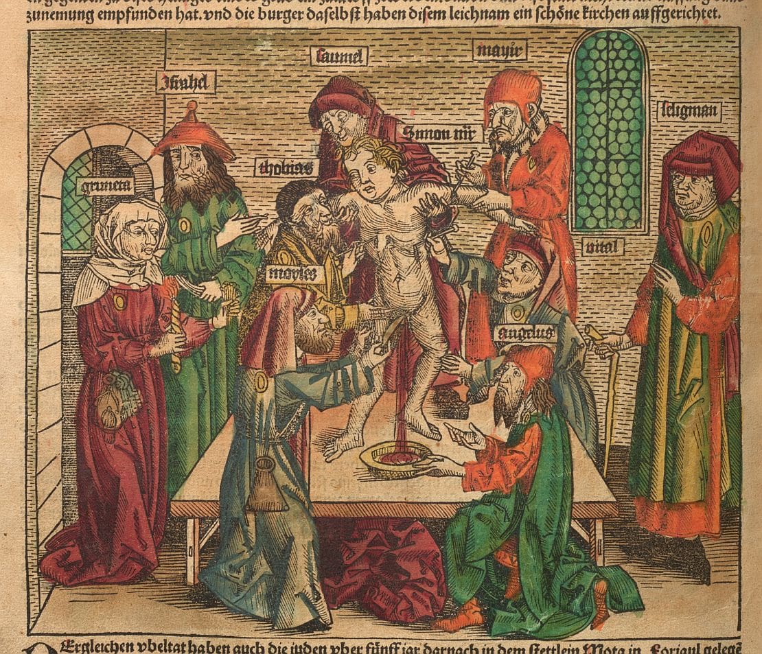 Michael Wolgemut: Angeblicher Ritualmord an Simon von Trient, Holzschnitt aus: Hartmann Schedel: „Schedelsche Weltchronik“ (Liber chronicarum), deutsche Ausgabe, Nürnberg 1493, 