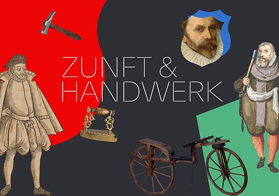 Das Schlüsselmotiv für die Digital Story "Zunft und Handwerk" zeigt Objekte aus der entsprechenden Dauerausstellung: Porträts von Handwerkern und Werkzeuge.