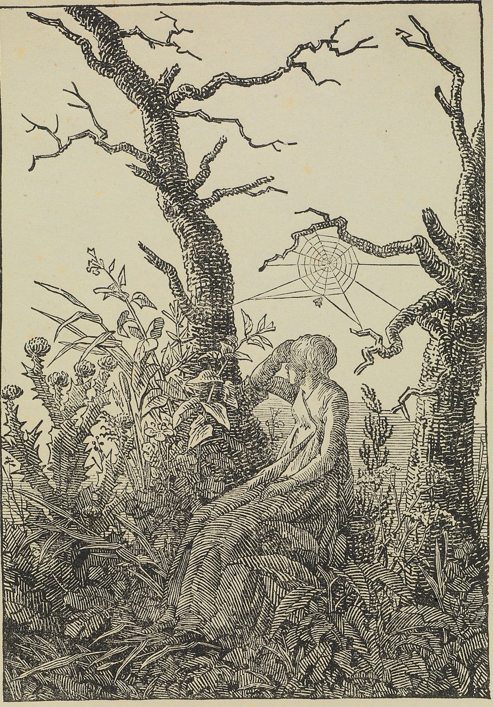 Caspar David Friedrich, Die Frau beim Spinnennetz mit kahlen Bäumen, um 1801-1803, Holzschnitt von Christian Friedrich